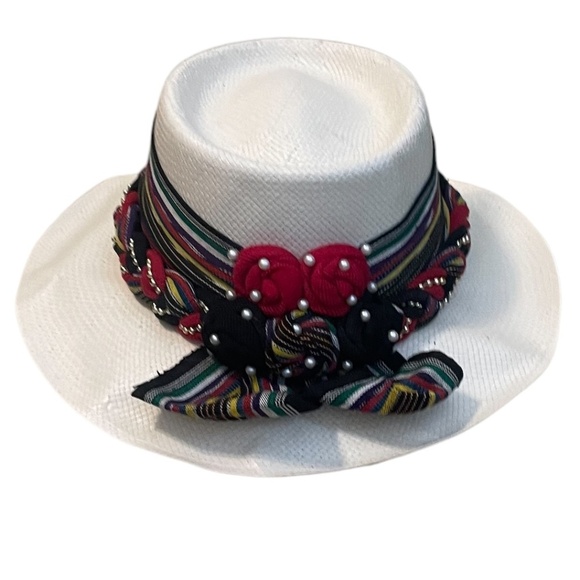 WOMEN\'S HATLANT WHITE RAINBOW/PEARL BEADED BRAIDED BAND SUN‎ HAT main image 4